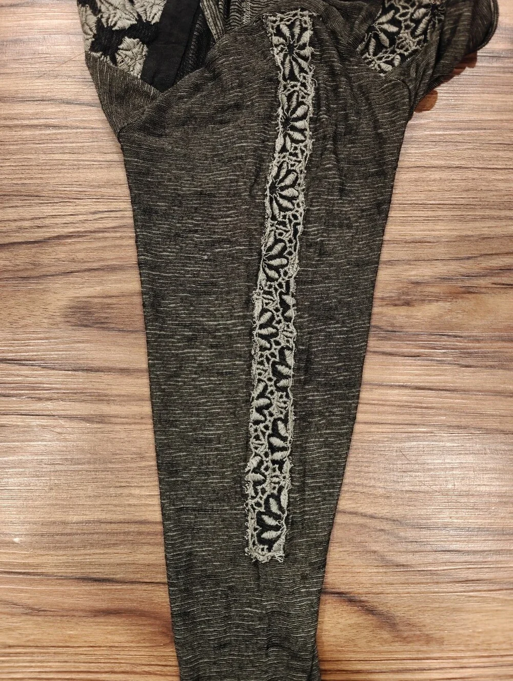 Free People New Romantics Black Beige Striped Lace Trim Long Sleeved Shirt